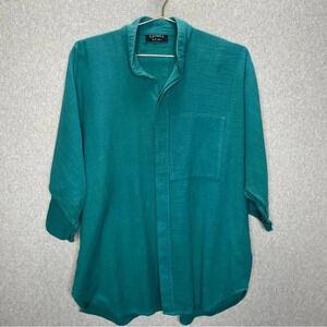 Dilemma Lagenlook Organic Cotton Teal Dolman Sleeve Button Down Tunic Top